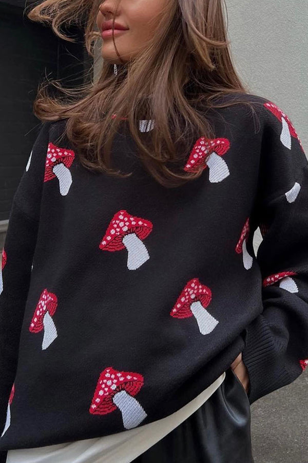 Mushroom Pattern Loose Round Neck Knitted Sweater