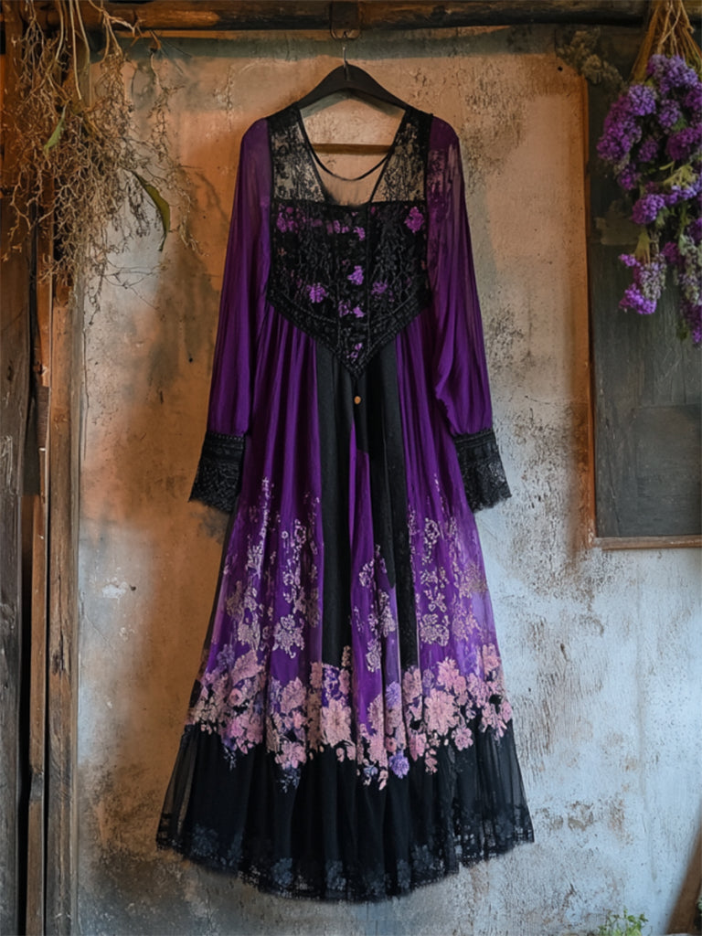 Vintage Lavender Gradient Lace Art Linen V Neck Maxi Dress elevenforest