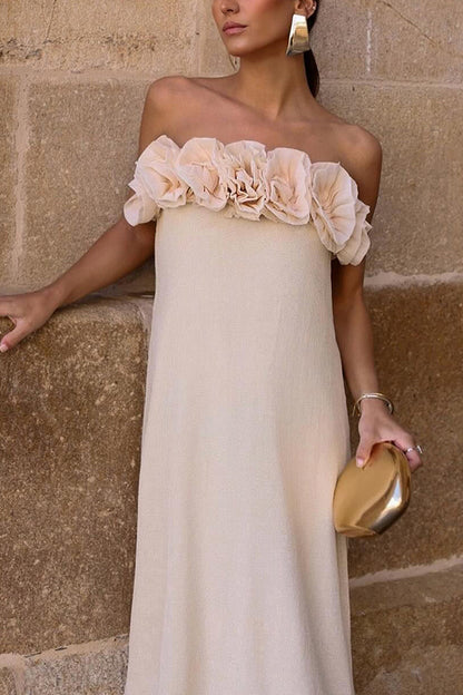 Blooming Flower Applique Elastic Off Shoulder Strapless Maxi Dress