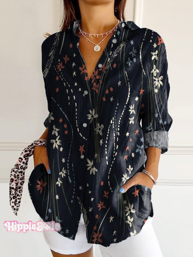 Women's Folk Floral Art Print Casual Cotton Shirt