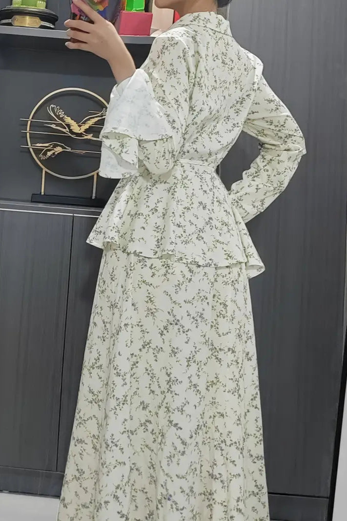 Long Sleeve Small Waist Cinch Top Midi Skirt Two Piece Set