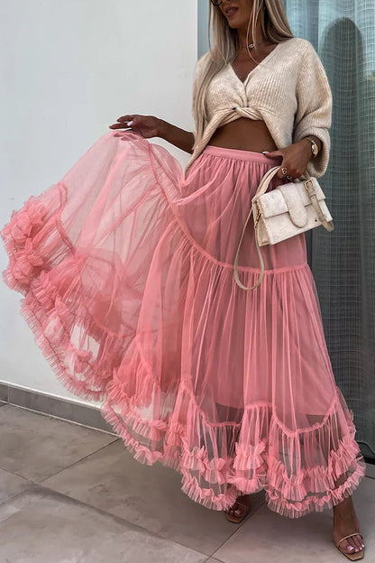 Tulle Stretch Waist Paneled Pleated Maxi Skirt