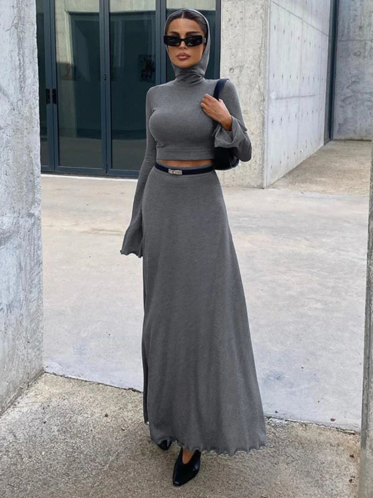 Loose Side Slit Skirt Two Piece Sets Outfits Dress Sets Short Long Sleeve Hoodies and Skirts Suit Femme