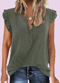V-neck Button Up Short Sleeved Solid Cotton Linen Top