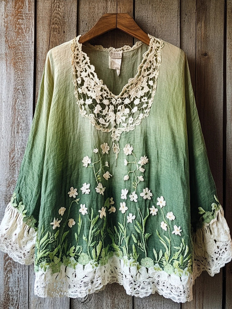 Women's Boho Floral Embroidered Lace Patchwork Linen Shirt elevenforest
