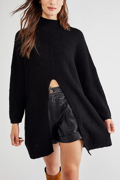 Color Long Sleeve Slit Knitted Sweater