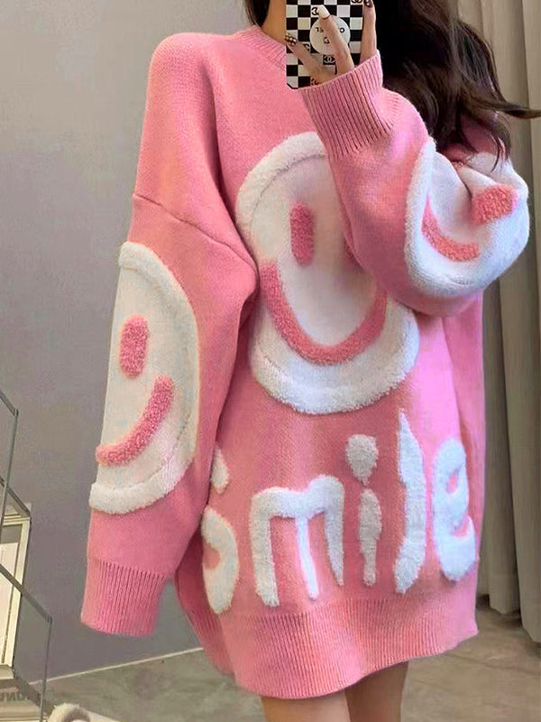 Color Y2k Smile Print Thicken Loose Sweater