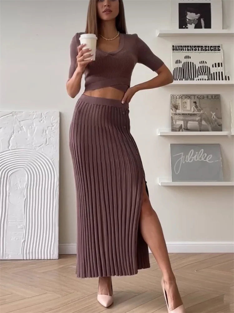 Knit Summer White Two Piece Holiday Party Maxi Skirt Outfits High Split Knitwear Female Sets Skirt
