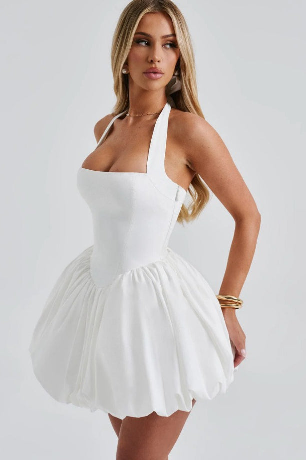Halter Tie Bow Puffy Hem Mini Dress