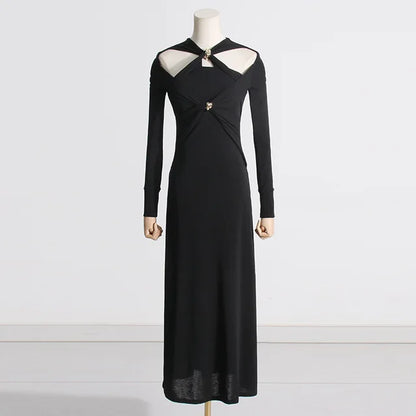 Irregular High-waist Slim-fitting Long-sleeved Dress Fashionable Metal Twist Evening Dress White Long Dresses for