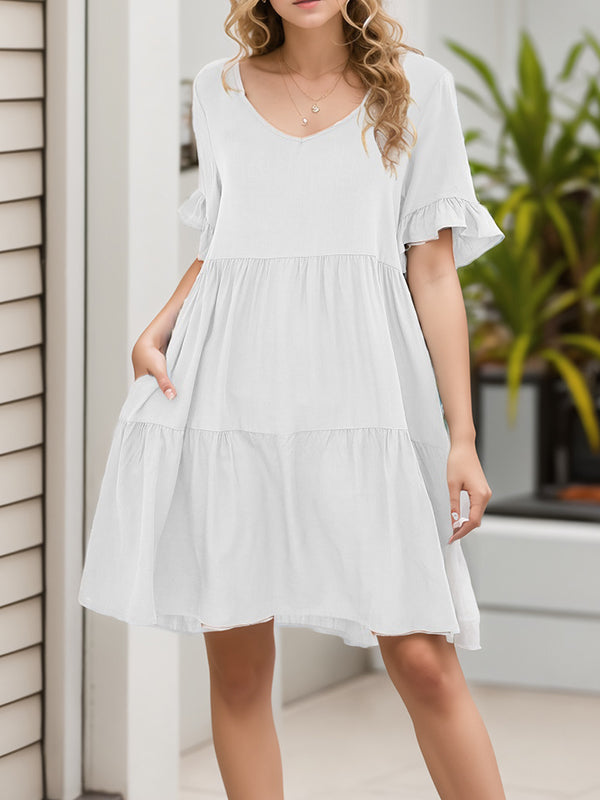 A-line Flared Sleeves Pleated Pockets Ruffled Color Split-joint Round-neck Mini Dresses