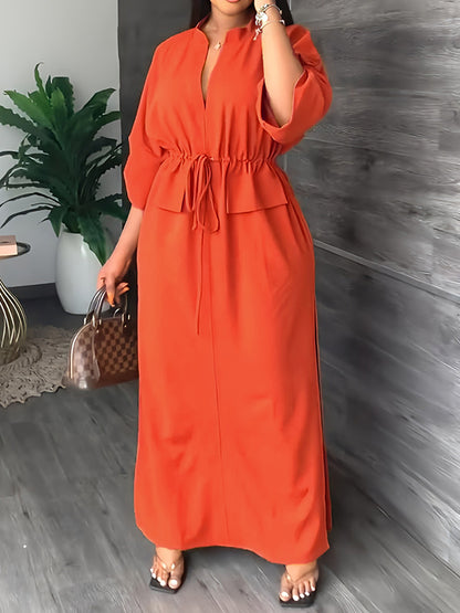 Loose Drawstring Color Split-side V-neck Maxi Dresses