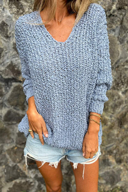 Color V-neck Long-sleeved Loose Knitted Sweater