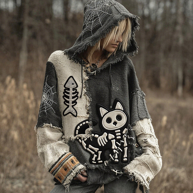 Comstylish Halloween Black Cat Skeleton Contrast Stitched Hooded Cozy Knit Sweater