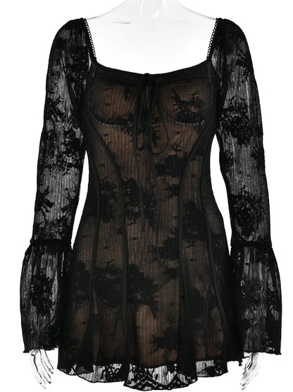 Julissa Mo Lac-up Square Neck Patchwork Long Sleeve Mini Dress Backless Slim Outfits