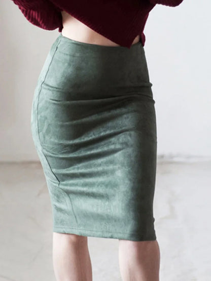 Empire Skirts Spring Faux Suede Pencil Skirt High Waist Bodycon Split Thick Stretchy Skirts