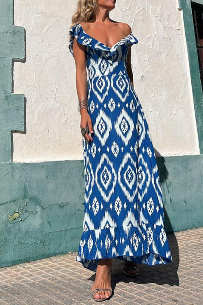 Tunisia Blue Printed, Long Dress