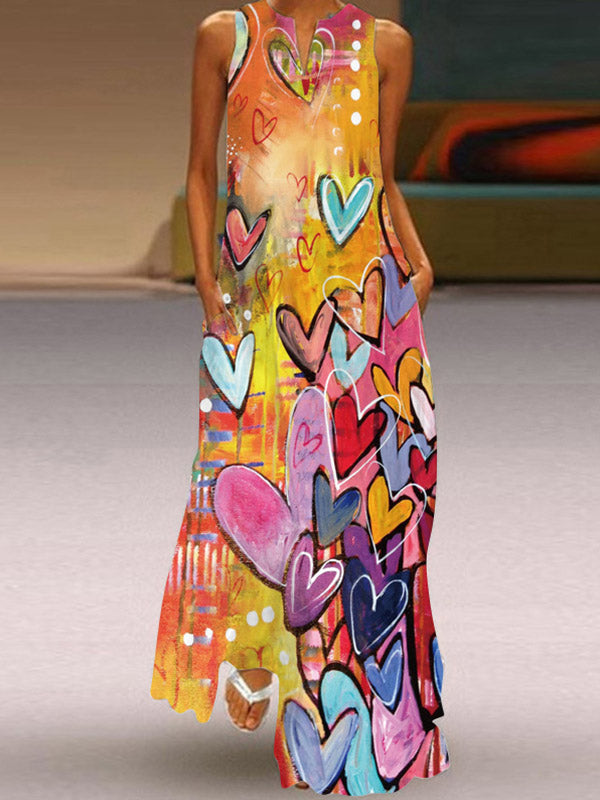 A-line Loose Heart Print Round-neck Maxi Dresses
