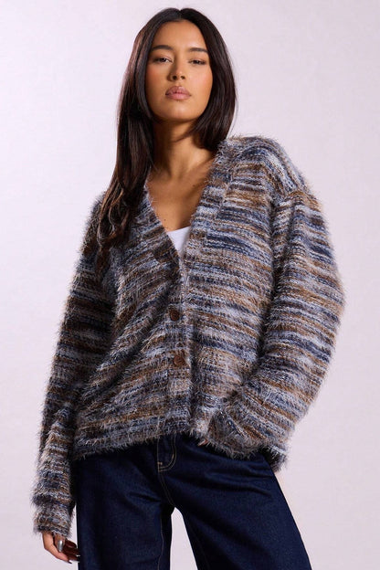 New Retro Deep V-neck Maillard Plush Long-sleeve Knit Cardigan