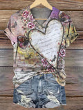 Women's Floral Butterfly Heart Pattern Art V-Neck Casual T-Shirt