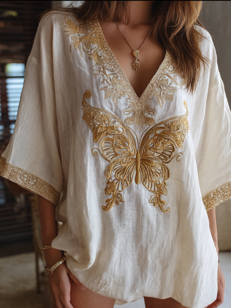 Bohemian-style Golden Butterfly Three-dimensional Embroidery Vintage V-neck Short-sleeved Shirt elevenforest
