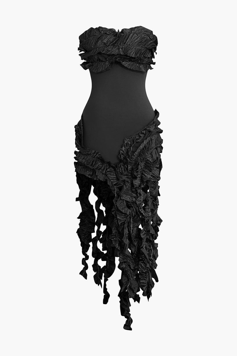 Color Ruffled Fringe Strapless Midi Dress