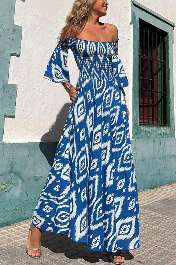 Street Vacation Style Print Off Shoulder Pocket Long Skirt