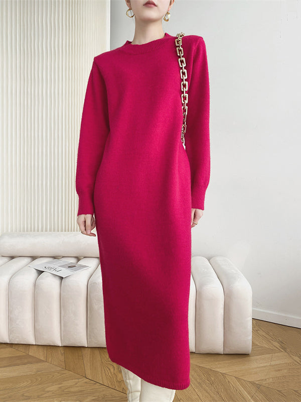 Urban Loose Long Sleeves Color Round-neck Sweater Dresses