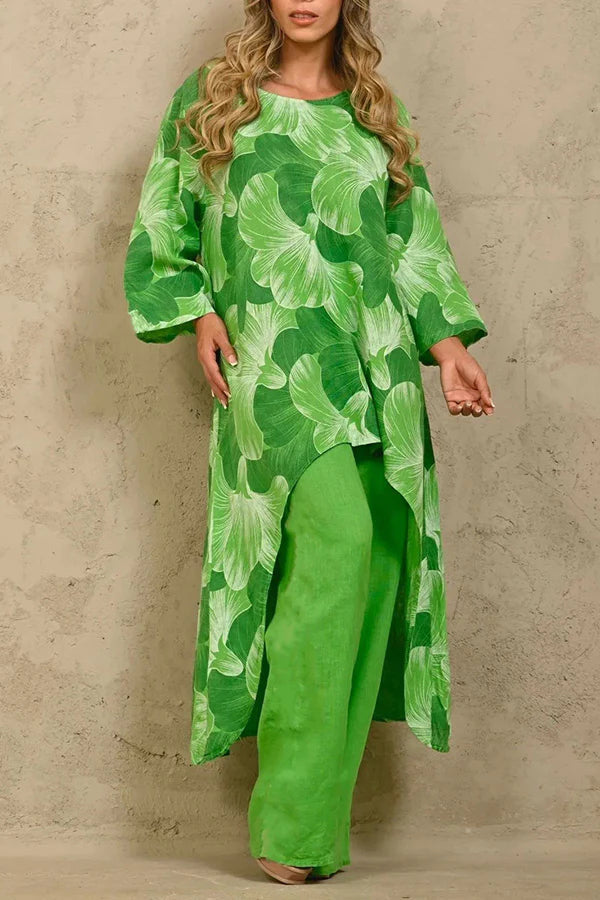 Exquisite Print Crew Neck Paneled Pant Suit