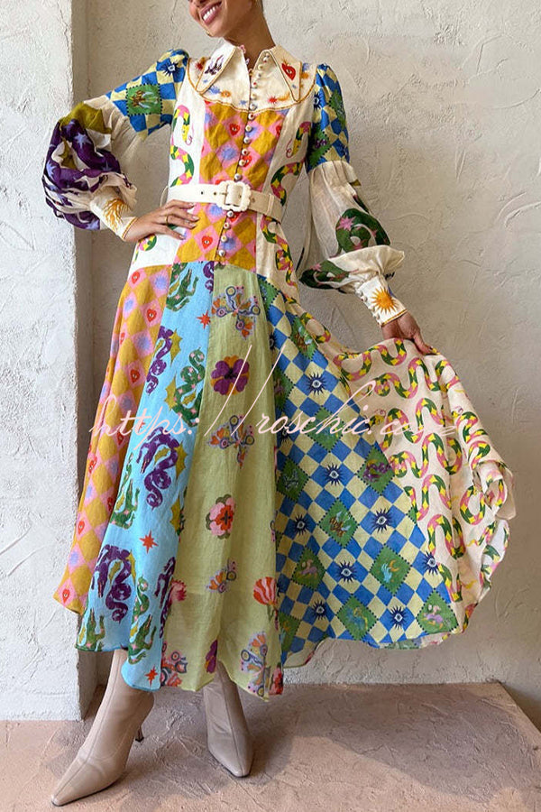 Bold and Irregular Unique Print Balloon Sleeve Belt Shirt Midi Dress
