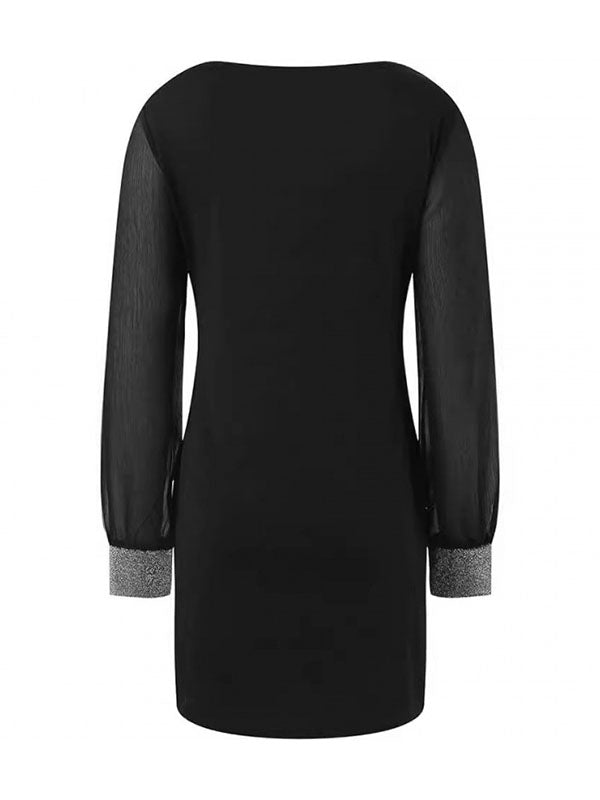 Long Sleeves Loose Elasticity See-through Split-joint V-neck Mini Dresses