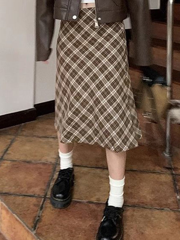 Brown Low Waist Checkered Midi Skirt