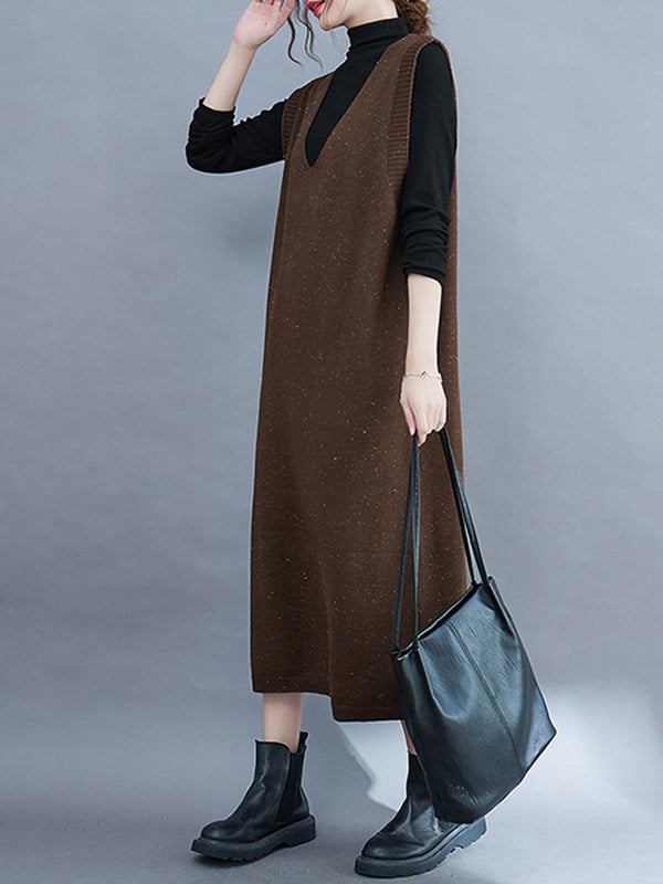 Color Knitting V-neck Sleeveless Sweater Dress