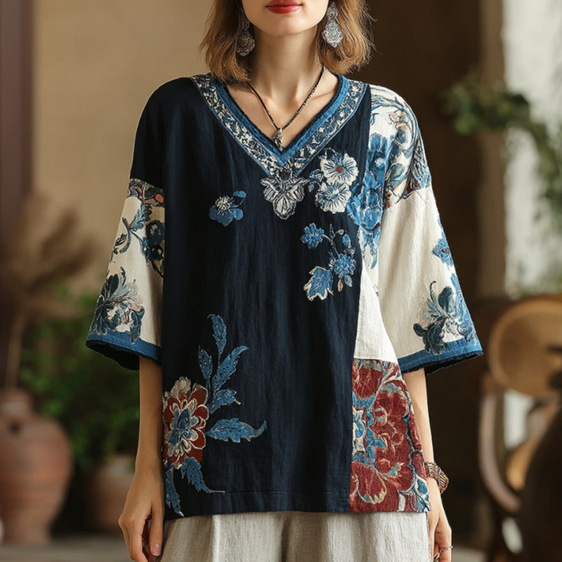 Comstylish Women's Floral Pattern Color Block Linen V-neck T-shirt