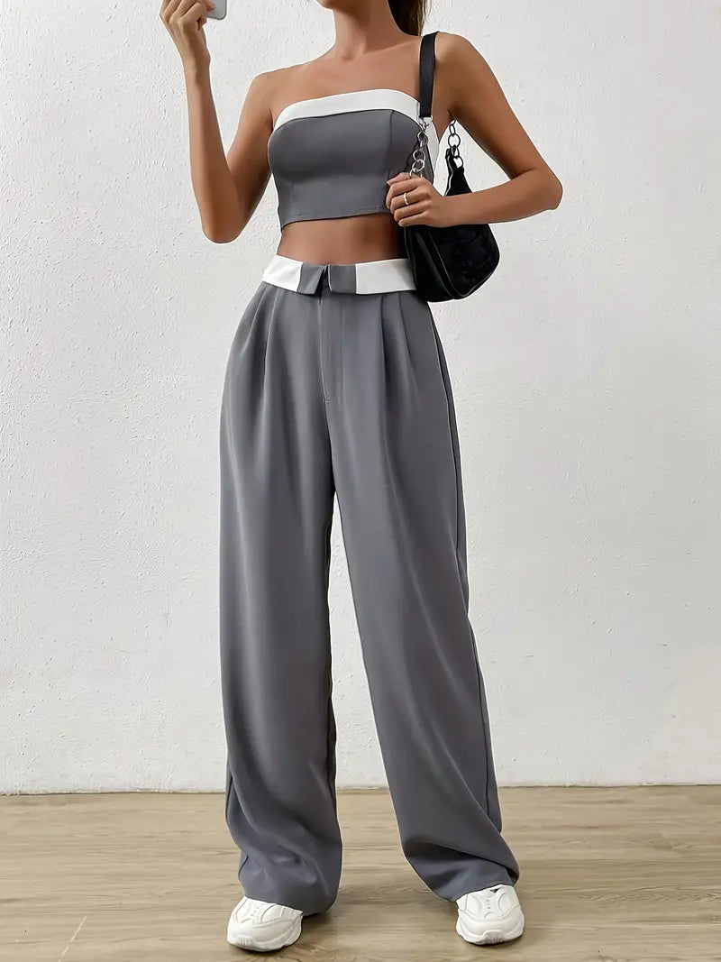 Contrast Off Shoulder Tube Top & Pants Two Piece Set