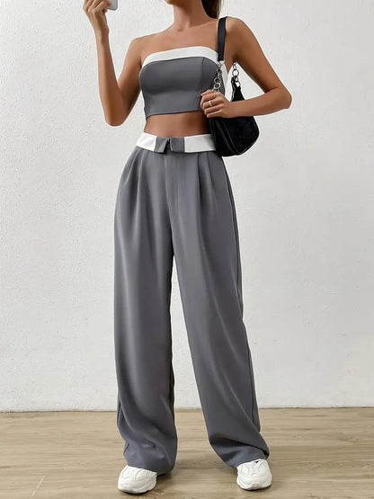 Contrast Off Shoulder Tube Top & Pants Two Piece Set