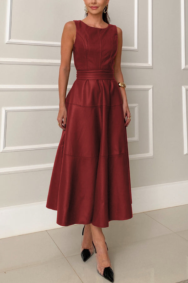 Ensemble Faux Leather Princess Line Back Zipper Umbrella Midi Dress
