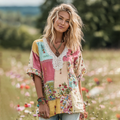 Women's Vintage Floral Art Patch Comfy V Neck T Shirt elevenforest