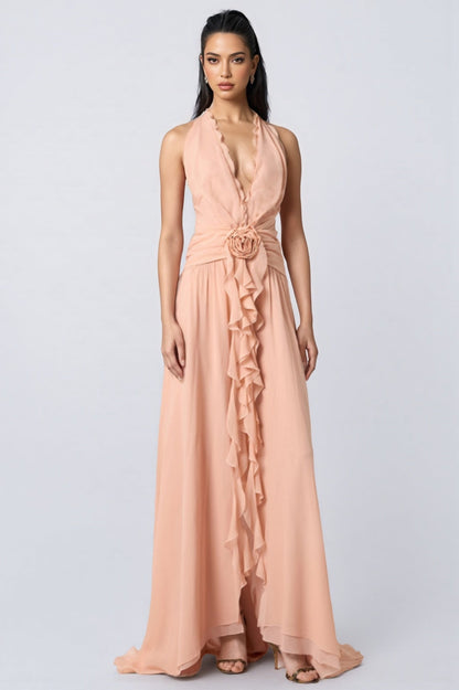 Wylon Pink 3d Flower Ruffled Maxi Dress