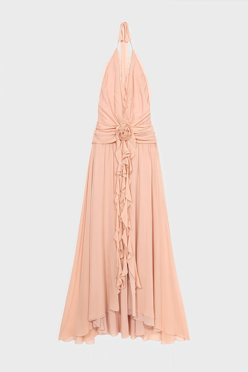 Wylon Pink 3d Flower Ruffled Maxi Dress