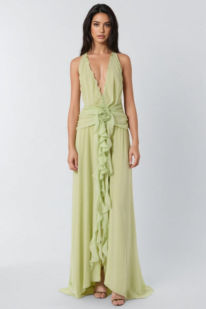 Xavif Green 3d Flower Ruffled Maxi Dress