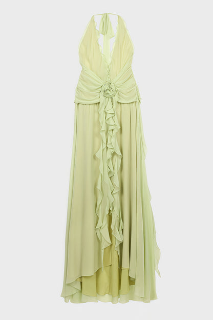 Xavif Green 3d Flower Ruffled Maxi Dress