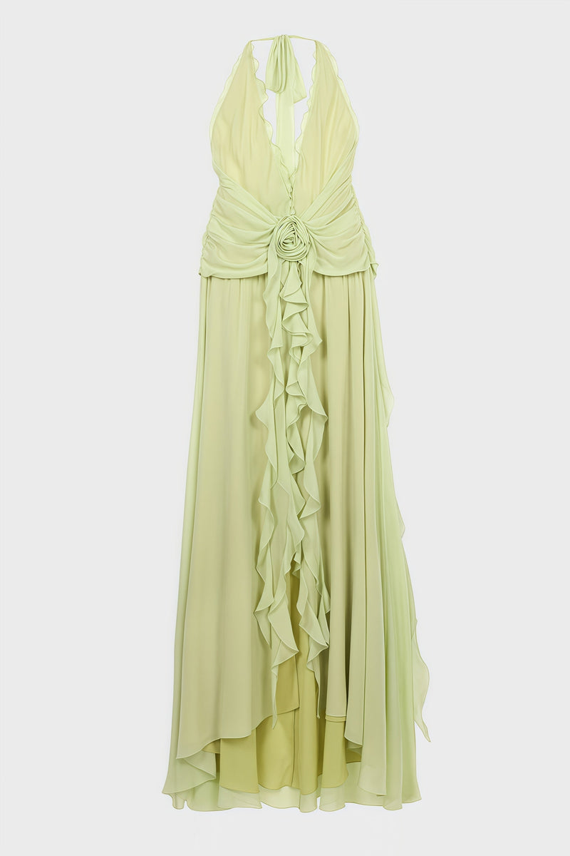 Xavif Green 3d Flower Ruffled Maxi Dress
