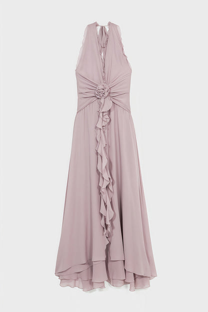 Yulia Purple 3d Flower Ruffled Maxi Dress