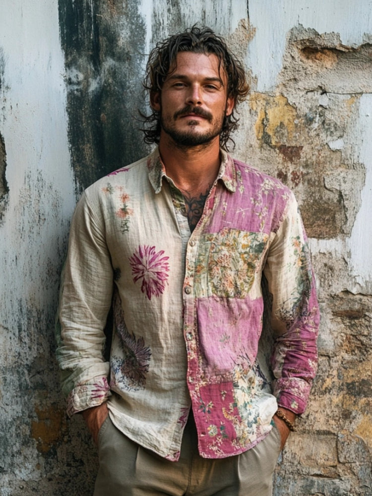 Boho Floral Art Vintage Men's Linen Shirt elevenforest