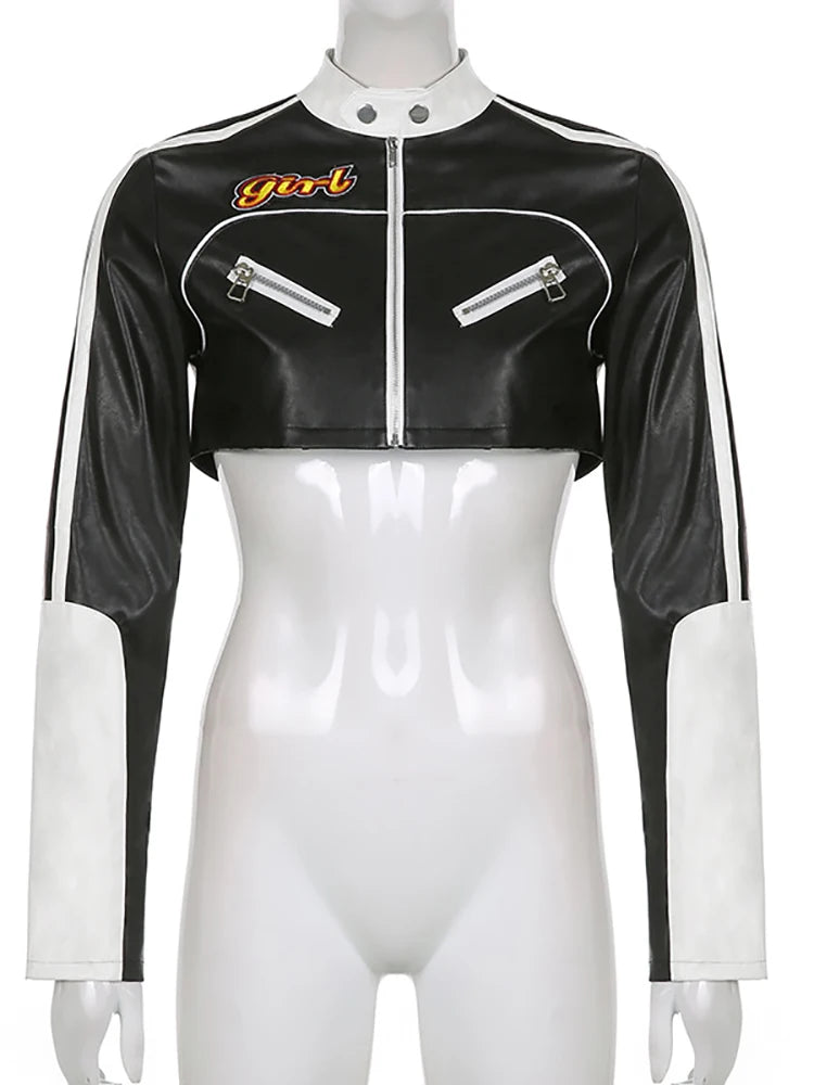 Pu Leather Jackets Coats Autumn Patchwork Long Sleeve High Street Cropped Jackets Motorcycle Y2k Tops