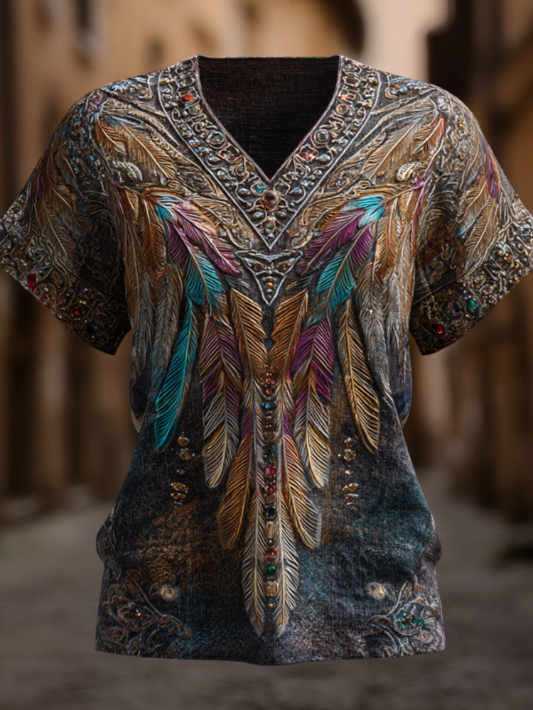 Western Sculpted Style Three-dimensional Feather Gem V-neck Vintage Short-sleeved Shirt elevenforest