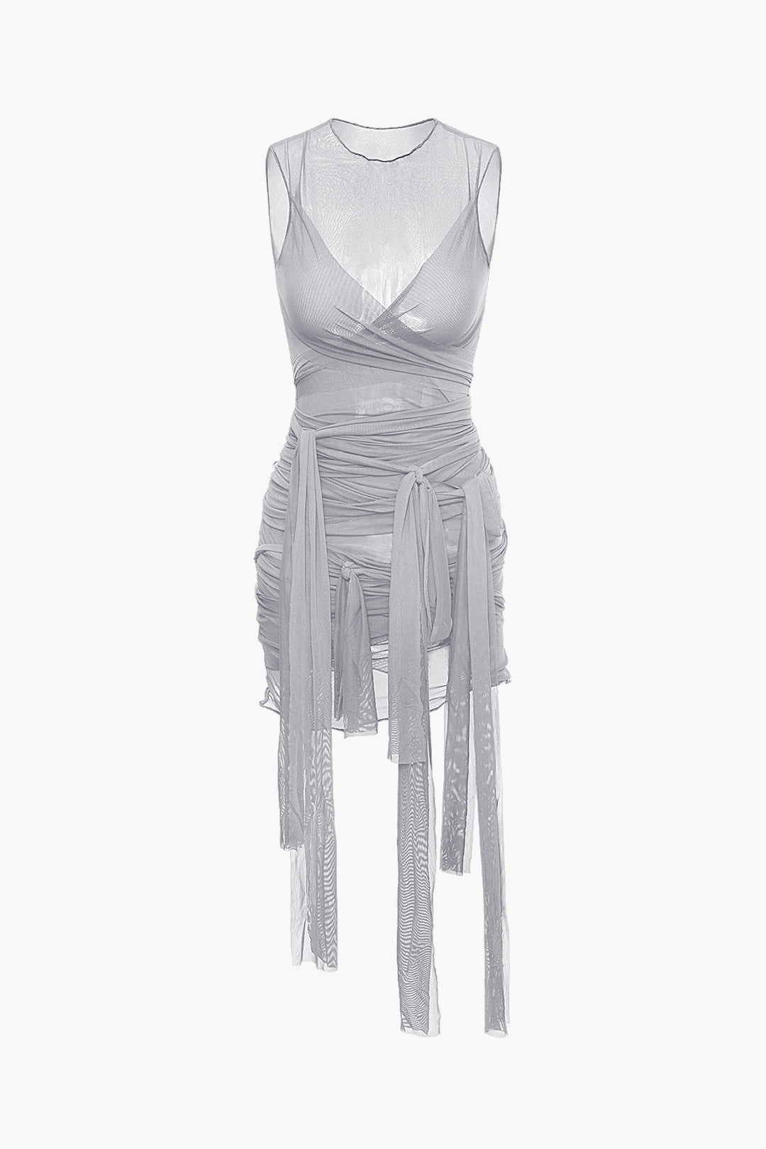 Color Sheer Mesh Wrap Tie Ribbon Mini Dress