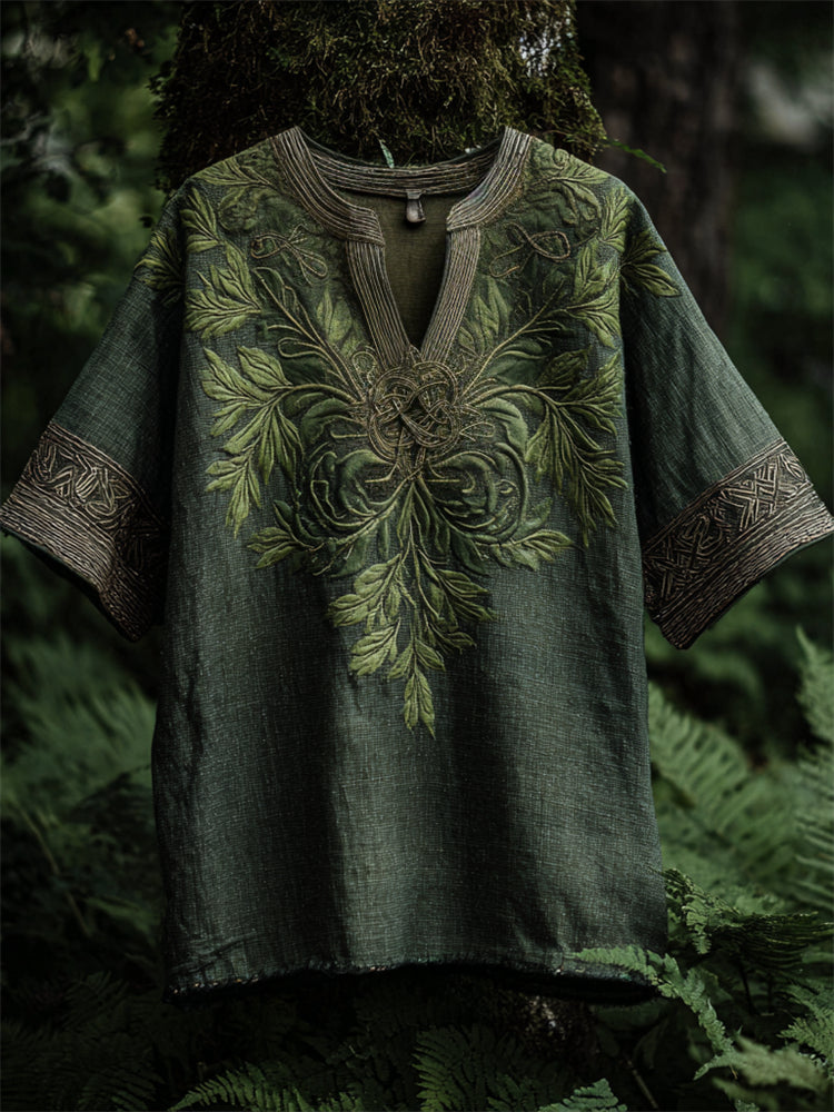 Vintage Celtic Knot Fern Embroidered Linen Shirt elevenforest