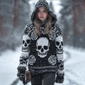 Women's Vintage Three-dimensional Skull Rose Black And White Warm Hooded Sweater artswardrobe